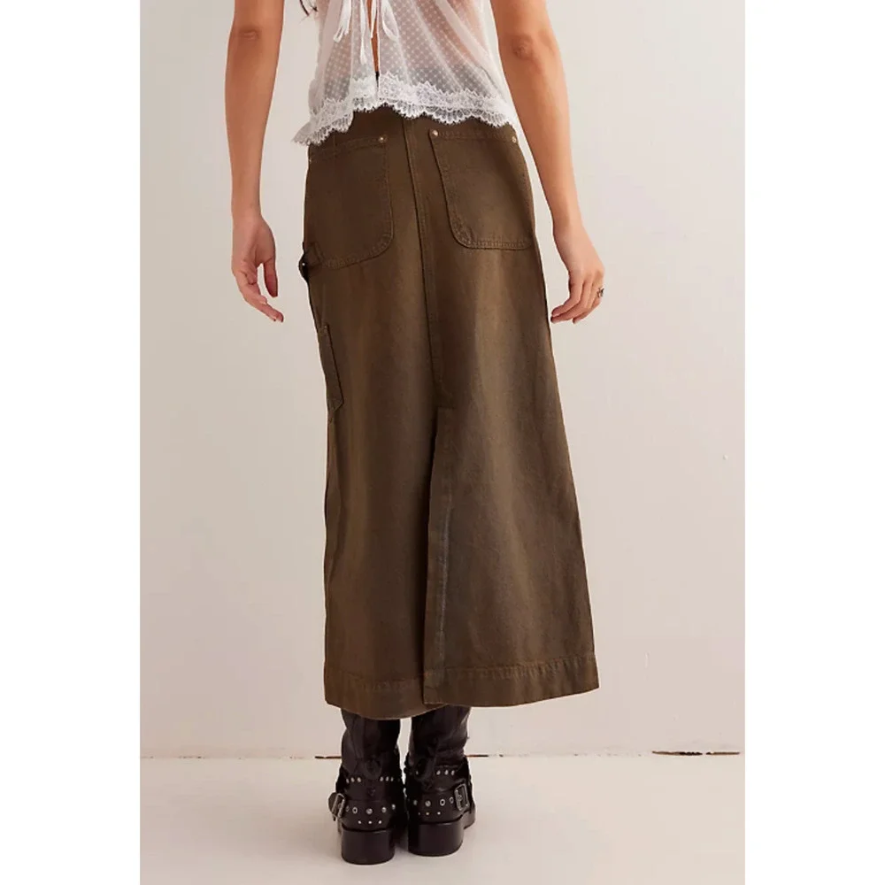 NEW FREE PEOPLE WE THE FREE NEW MOON HARMONICA COATED DENIM MAXI SKIRT SZ 26